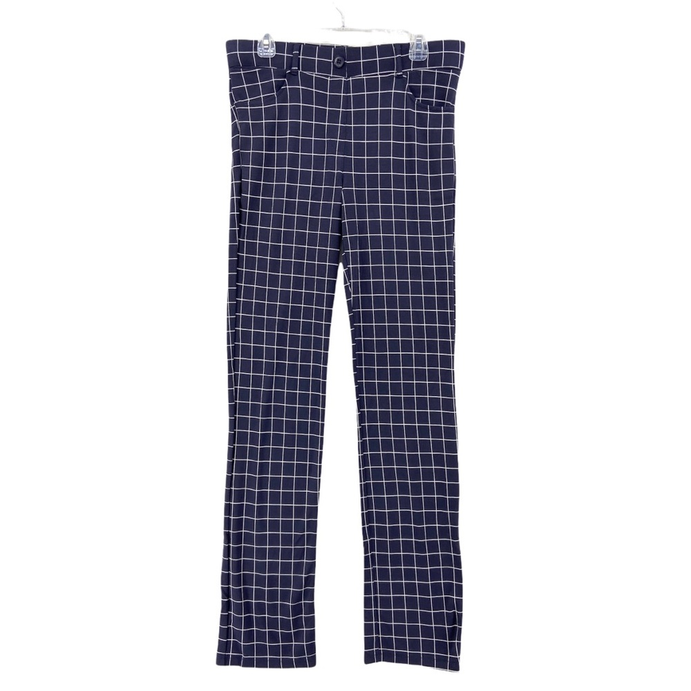 BETABRAND Yoga Ponte Knit Stretch Straight Pants Blue Grid